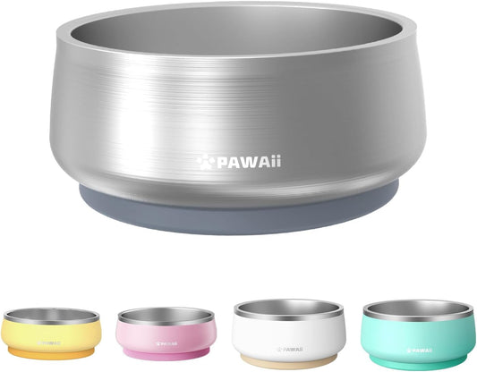 Pawaii Stainless Steel Dog Bowl with Non-Slip Rubber Base & Double Wall Insulation - Durable Design | Includes ID Tag | Dishwasher Safe Food & Water Bowl for All Dogs (34oz) - Pet Explorer