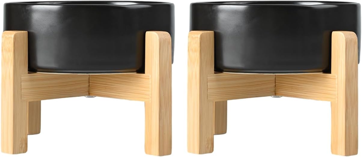 SPUNKYJUNKY Ceramic Elevated Dog Bowls 2 Pack - 5.1inch Raised Dog Bowls with Non-Slip Wooden Stand for Small Dogs Dishwasher Safe(Black,13.5OZ*2) - Pet Explorer