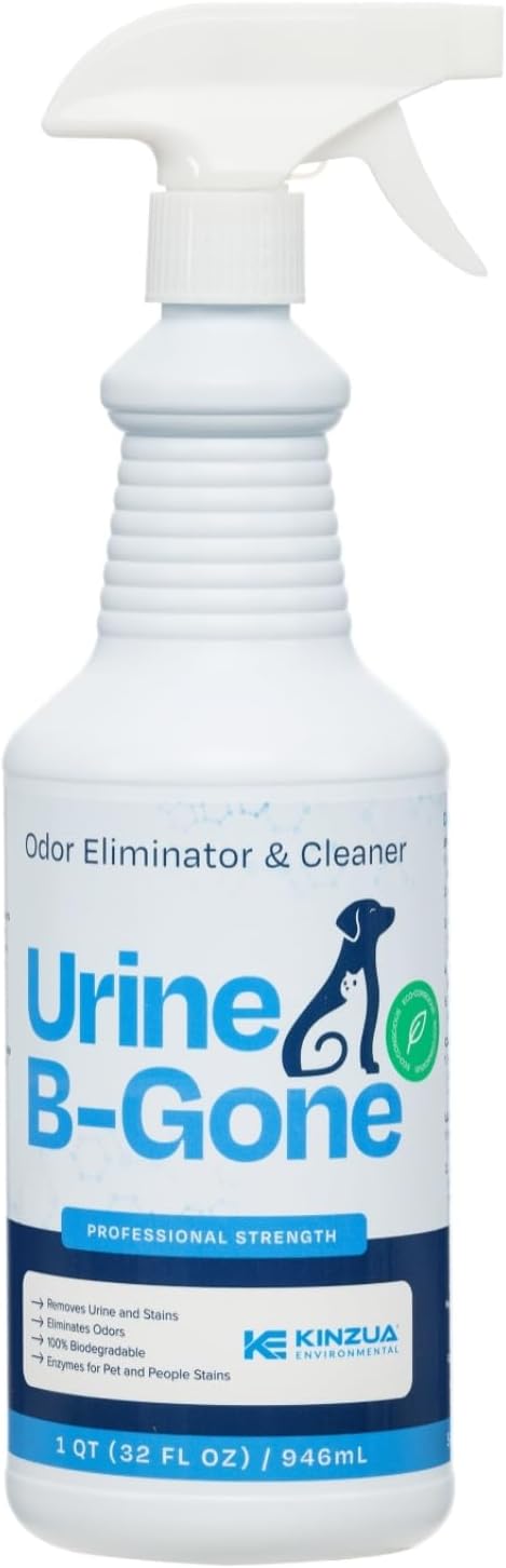 KINZUA ENVIRONMENTAL Urine B-Gone, Professional Enzyme Odor Eliminator & Pet Stain Remover, Human, Cat & Dog Urine Cleaner, Effective on Laundry, Carpets & More, Original Scent, 32oz - Pet Explorer