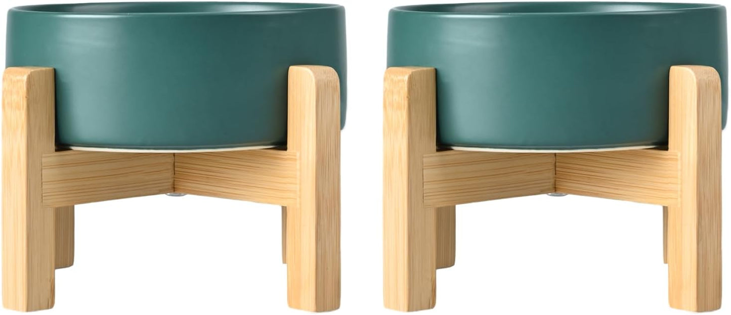SPUNKYJUNKY Ceramic Elevated Dog Bowls 2 Pack - 8.3inch Raised Dog Bowls with Non-Slip Wooden Stand for Large Dogs Dishwasher Safe(Green,60OZ*2) - Pet Explorer