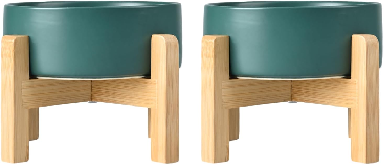 SPUNKYJUNKY Ceramic Elevated Dog Bowls 2 Pack - 8.3inch Raised Dog Bowls with Non-Slip Wooden Stand for Large Dogs Dishwasher Safe(Green,60OZ*2) - Pet Explorer