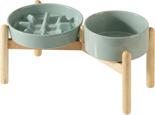Ceramic Raised Slow Feeder Dog Bowl Set, Elevated 6.1inch Bowl and 7.3inch Slow Pet Food Dish with Wooden Stand for Small and Medium Dog (2 x Light Green+ Stand) - Pet Explorer