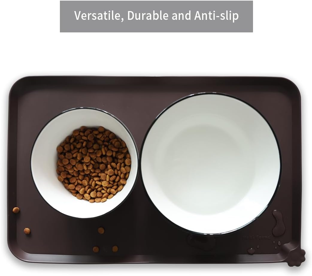 Hoki Found Silicone Pet Food Mats Tray - High-Lips Pet Dog Cat Bowl Mats - Pet Feeding Mat - Waterproof Dog Cat Food Mats -Pet Water Mats for Floors - Dark Oak - Pet Explorer