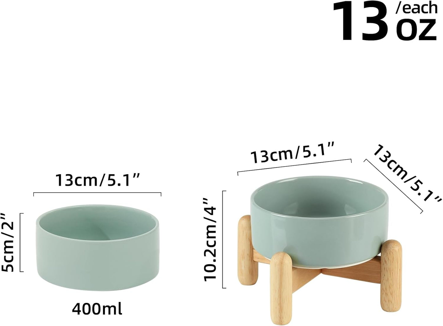 Ceramic 5.1inch Raised Dog and Cat Bowl Set, Elevated with Wooden Stand, Food and Water Bowl for Small Breed Dogs, Cats, Kitty, Weighted Dog Dishes, Pet Bowls(13.5oz, Light Green) - Pet Explorer
