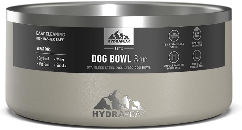 Hydrapeak Dog Bowl; Non Slip Stainless Steel; Water and Food Dish; Large Sized and Small Dogs; 32oz 64oz; Multiple Sizes | 8 Cup | Stone - Pet Explorer