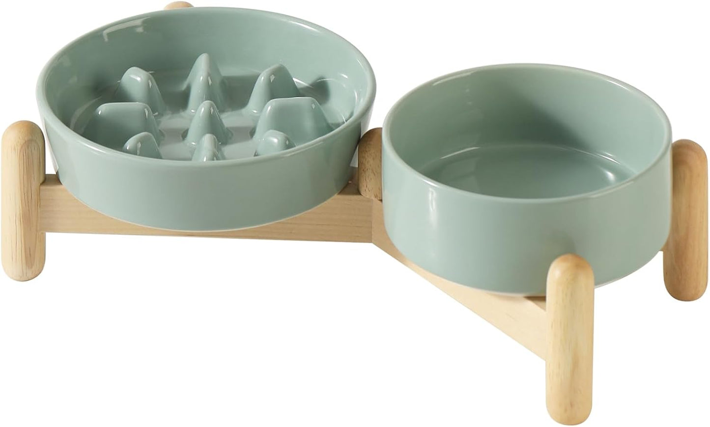 Ceramic Raised Slow Feeder Dog Bowl Set, Elevated 5.1inch Bowl and 6.1inch Slow Pet Food Dish with Wooden Stand for Small Dog and Cat (2 x Light Green+ Stand) - Pet Explorer