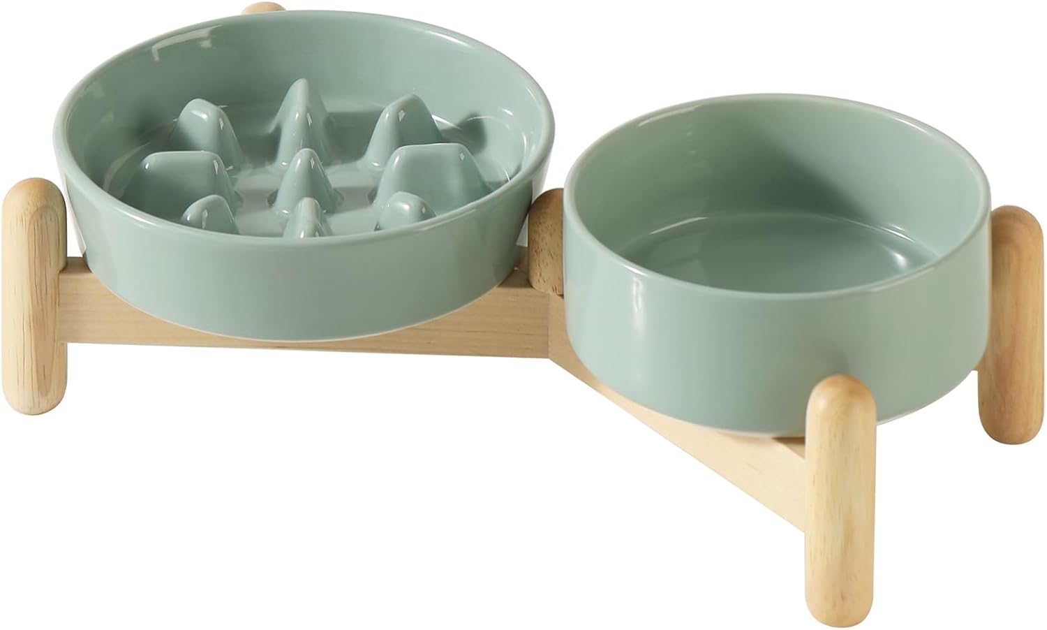 Ceramic Raised Slow Feeder Dog Bowl Set, Elevated 5.1inch Bowl and 6.1inch Slow Pet Food Dish with Wooden Stand for Small Dog and Cat (2 x Light Green+ Stand) - Pet Explorer