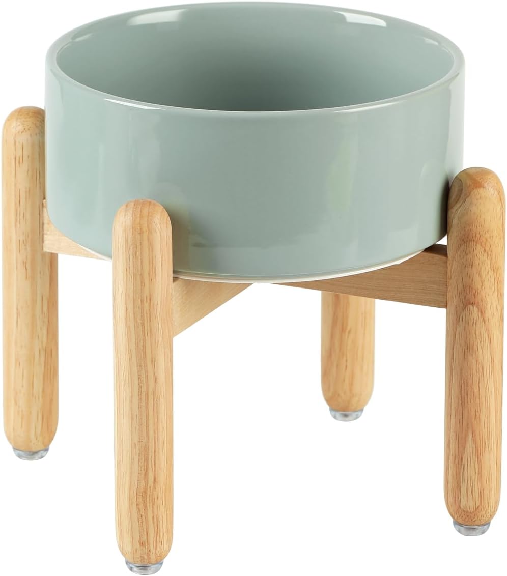 Ceramic 7.3inch Raised Dog Bowl Set, Elevated with Wooden Stand, Food and Water Bowl for Medium Breed Dogs, Weighted Dog Dishes, Pet Feeder(Light Green) - Pet Explorer