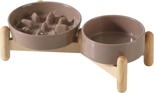 Ceramic Raised Slow Feeder Dog Bowl Set, Elevated 5.1inch Bowl and 6.1inch Slow Pet Food Dish with Wooden Stand for Small Dog and Cat (2 x Brown Coffee+ Stand) - Pet Explorer