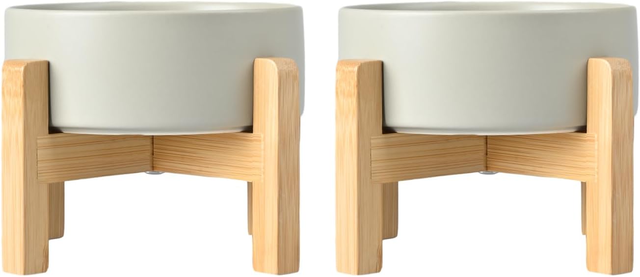 SPUNKYJUNKY Ceramic Elevated Dog Bowls 2 Pack - 6.1inch Raised Dog Bowls with Non-Slip Wooden Stand for Medium Dogs Dishwasher Safe(Grey,28.7OZ*2) - Pet Explorer