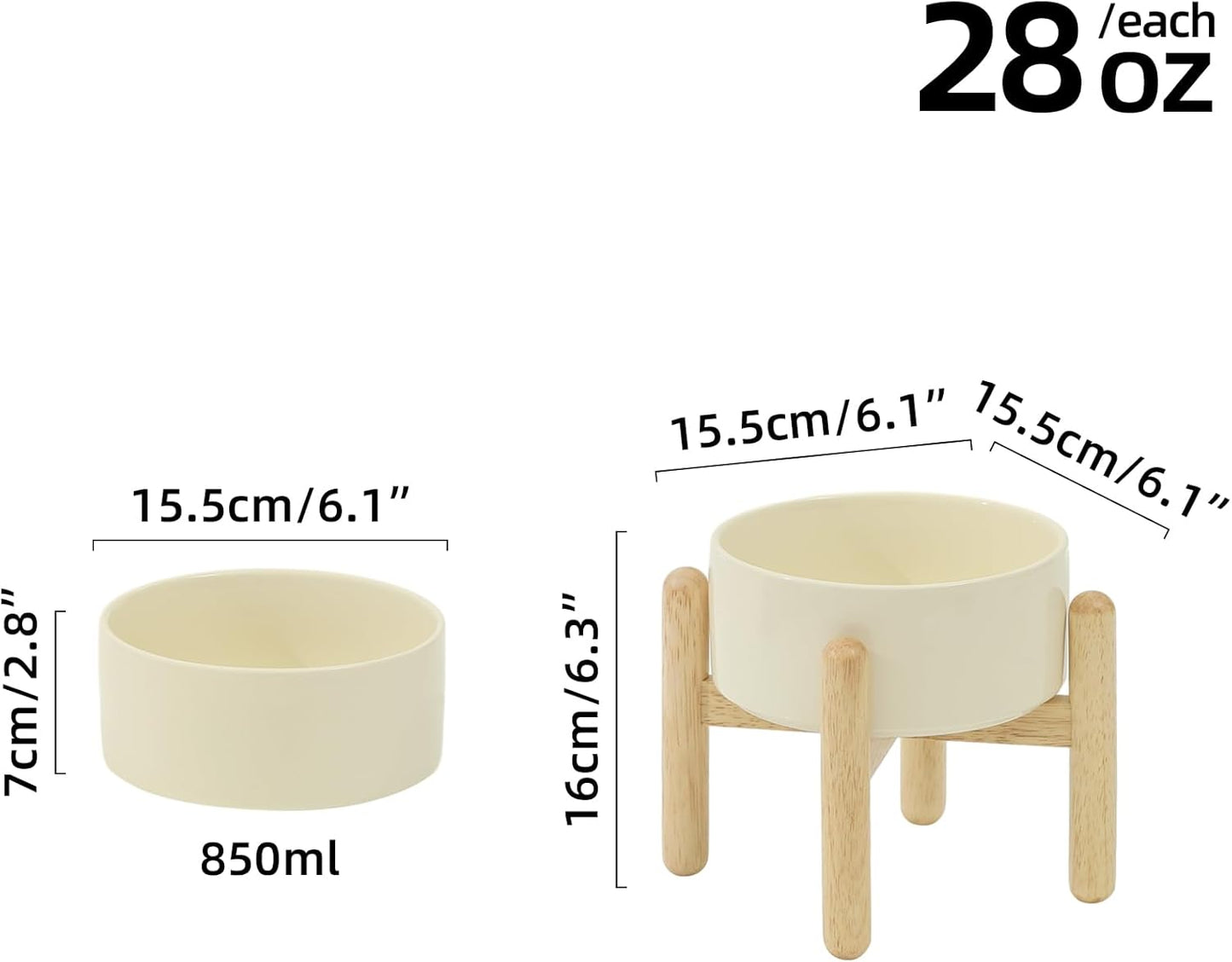 Ceramic 6.1inch Raised Dog Bowl with Stand for Small and Medium Dog Dish Pet Food and Water Bowl (Single Bowl with Stand - Beige) - Pet Explorer
