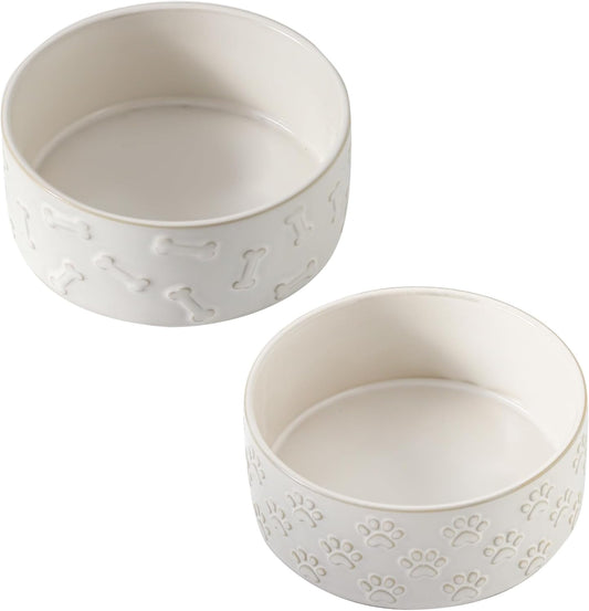 UBEE Ceramic Dog Bowl Set of 2, 5.1 inch Dog Food Bowl Dish with Bone or Paw Pattern, Pet Food Water Dish Feeding for Small Dogs and Large Cat, White - Pet Explorer