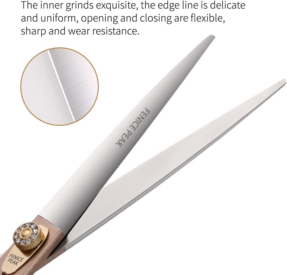 Fenice Peak 7.5‘’ Professional Dog Grooming Scissors Set Rose Gold 440C Stainless Steel Straight Thinning Curved Chunker Shears 4pcs Set for Pet Grooming Services Dogs and Cats