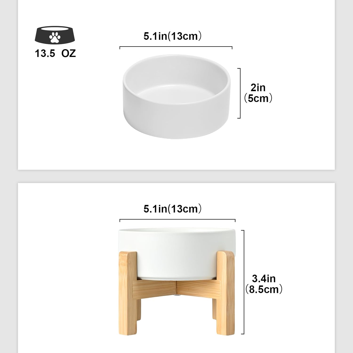 SPUNKYJUNKY Ceramic Elevated Dog Bowls 2 Pack - 5.1inch Raised Dog Bowls with Non-Slip Wooden Stand for Small Dogs Dishwasher Safe(White,13.5OZ*2) - Pet Explorer