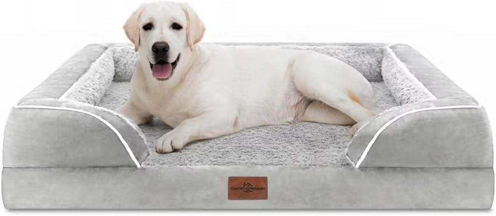 Comfort Expression Jumbo Dog Bed for Extra Large Dogs, Waterproof Orthopedic Large Breed Dog Beds, PV Washable Dogs Sofa Bed with Removable Cover & Non-Slip Bottom(Jumbo,Grey White) - Pet Explorer
