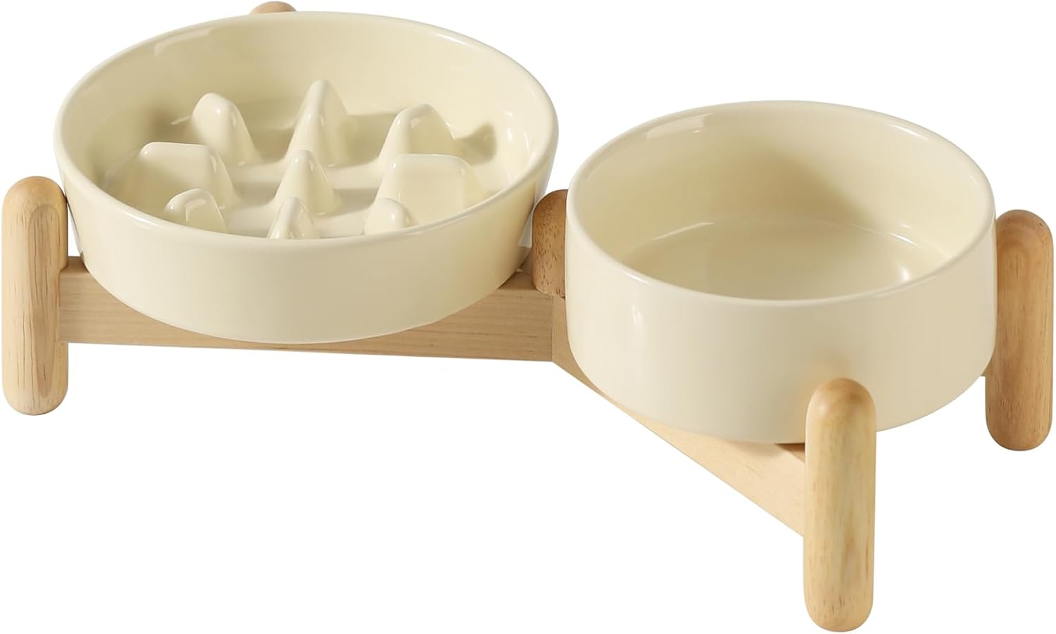 Ceramic Raised Slow Feeder Dog Bowl Set, Elevated 5.1inch Bowl and 6.1inch Slow Pet Food Dish with Wooden Stand for Small Dog and Cat (2 x Beige+ Stand) - Pet Explorer