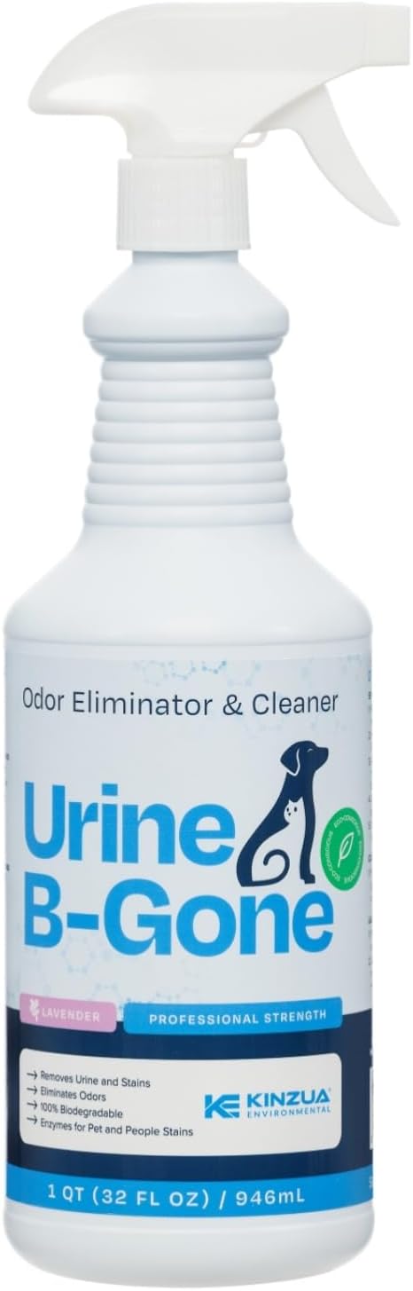 KINZUA ENVIRONMENTAL Urine B-Gone, Professional Enzyme Odor Eliminator & Pet Stain Remover, Human, Cat & Dog Urine Cleaner, Effective on Laundry, Carpets & More, Lavender Scent, 32oz - Pet Explorer