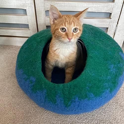 Woolygon Premium Felt Cat Cave Bed – Wool Kitty Beds Handcrafted Kitten Caves Bed for Indoor Cats - Made from 100% Eco-Friendly Merino Wool, Foldable Cat Hidewawy Covered Cat Houses (Emerald Indigo) - Pet Explorer