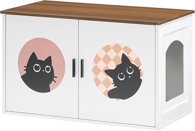HOOBRO Hidden Litter Box Furniture, Large Cat Litter Box Enclosure Furniture, Wooden Litter Box Cabinet with Cute Cat Patterns & Arched Entrance, 31.3" L x 17.7" W x 17.3" H, White & Walnut