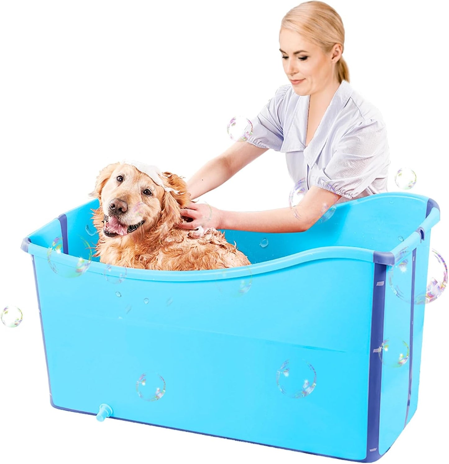 Portable Dog Bathtub for Large Dogs - 48.4Gal Foldable Pet Wash Station with Drain Plug, Insulated & Non-Slip Design for Indoor/Outdoor Bathing, Grooming, Camping（Blue） - Pet Explorer
