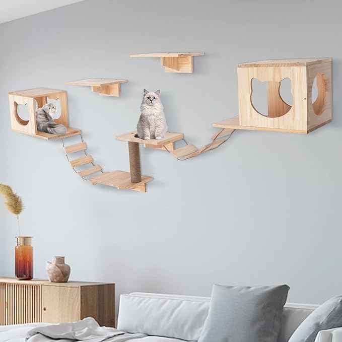 Wall Wood Cat Climber Set, Wall Mounted Cat Furniture Wooden Cat Shelves and Perches for Wall Cat Steps Ladder Cat Bed Activity Tree Cat Climbing