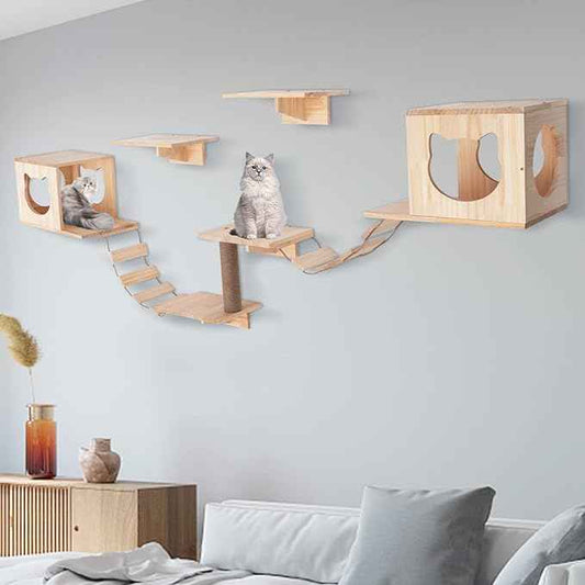 Wall Wood Cat Climber Set, Wall Mounted Cat Furniture Wooden Cat Shelves and Perches for Wall Cat Steps Ladder Cat Bed Activity Tree Cat Climbing