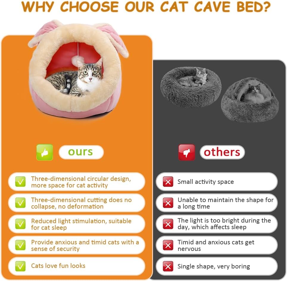 Lcybem Cat Beds for Indoor Cats - Rabbit-Shaped Cat Cave Bed with Hanging Toy,Super Soft Calming cat Tent for Kitten&Puppy,Small Dog,Warm Plush&Machine Washable&Removable Cotton Pad (Pink L) - Pet Explorer