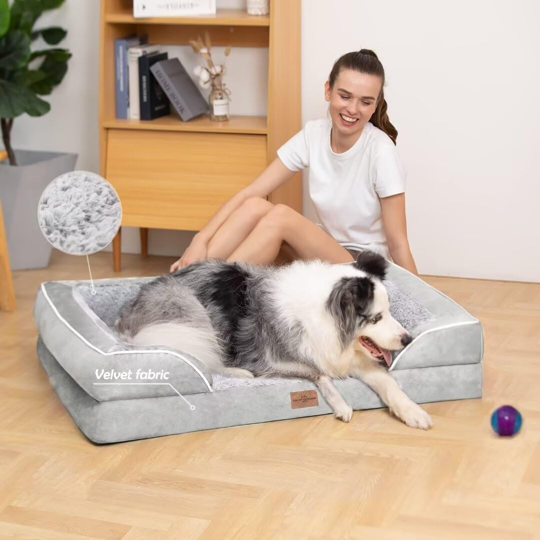 Comfort Expression Cooling Dog Bed, Orthopedic Memory Foam Dog Bed, Jumbo Beds for Extra Large Dogs, Large Breed Dogs Beds Waterproof with Bolster & Removable Cover(Jumbo,Light Grey) - Pet Explorer