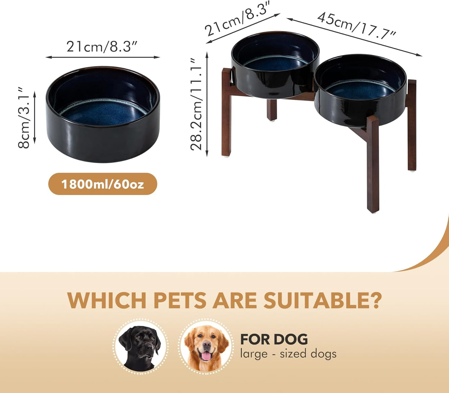 Ceramic 8.2inch Raised Double Dog Bowls Set with Acacia Wood Stand, Food & Water Bowls for Large Breed Dogs, Weighted Pet Dishes(60oz, Starry Sky) - Pet Explorer