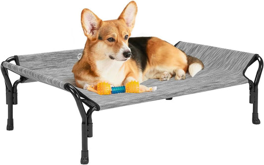 Veehoo Cooling Elevated Dog Bed, Raised Pet Cot with Guardrail & Slope Headrest, Durable Breathable Teslin Mesh, Non-Slip Feet, Washable Dog Couch Bed for Indoor & Outdoor, 39.5" x 28", Black Silver - Pet Explorer