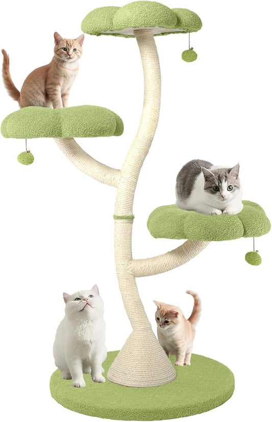FKWin 48" Tall Cat Tree,Flower Shape Design,Scratching Post Condo,Multi-Level Furniture Activity Center,Kittens Pet House Play with Hang Ball,Plush Cat Tower for Large Cats (Green-3 Tiers)