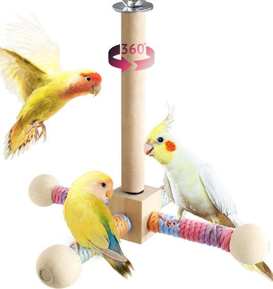 Bird Stand Perch Toy for Small & Medium Birds, 360° Rotating Natural Wooden Parrot Perchs for Bird Cages, Interactive Spinning Toy fo Parrot Parakeets Cockatiels Lovebirds Conures Finches Budgies