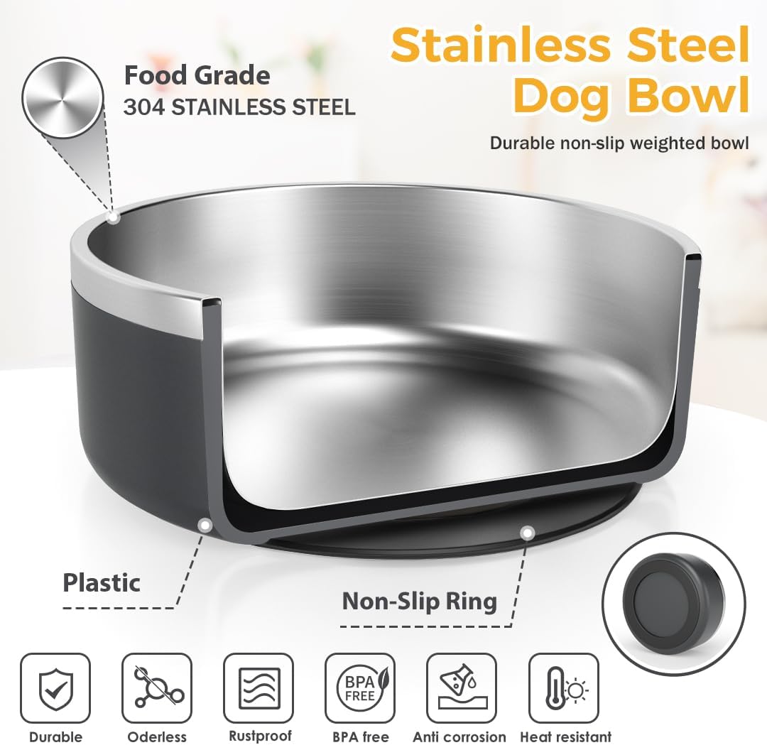 IKITCHEN Dog Bowl for Food and Water, 40 Oz Stainless Steel Pet Feeding Bowl, Durable Non-Skid Insulated Heavy Duty with Rubber Bottom for Medium Large Sized Dogs (40 Ounces/5 Cup, Grey) - Pet Explorer