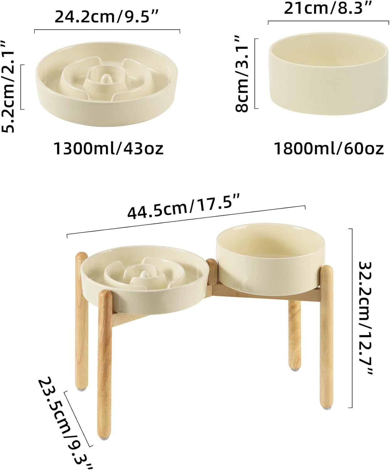 Ceramic Raised Slow Feeder Dog Bowl Set, Elevated 8.2inch Bowl and 9.5inch Puzzle Slow Food Dish with Wooden Stand for Large Dog, Anti-Gulping (2X Beige+ Stand) - Pet Explorer
