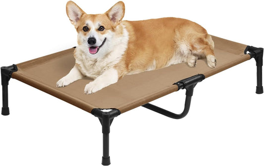 Elevated Dog Bed for Medium Dogs, Outdoor Cooling Raised Dog Beds Washable Pet Cot with Removable Mesh, Lifted Pets Hammock with Frame, Easy to Assemble, Brown, M - Pet Explorer