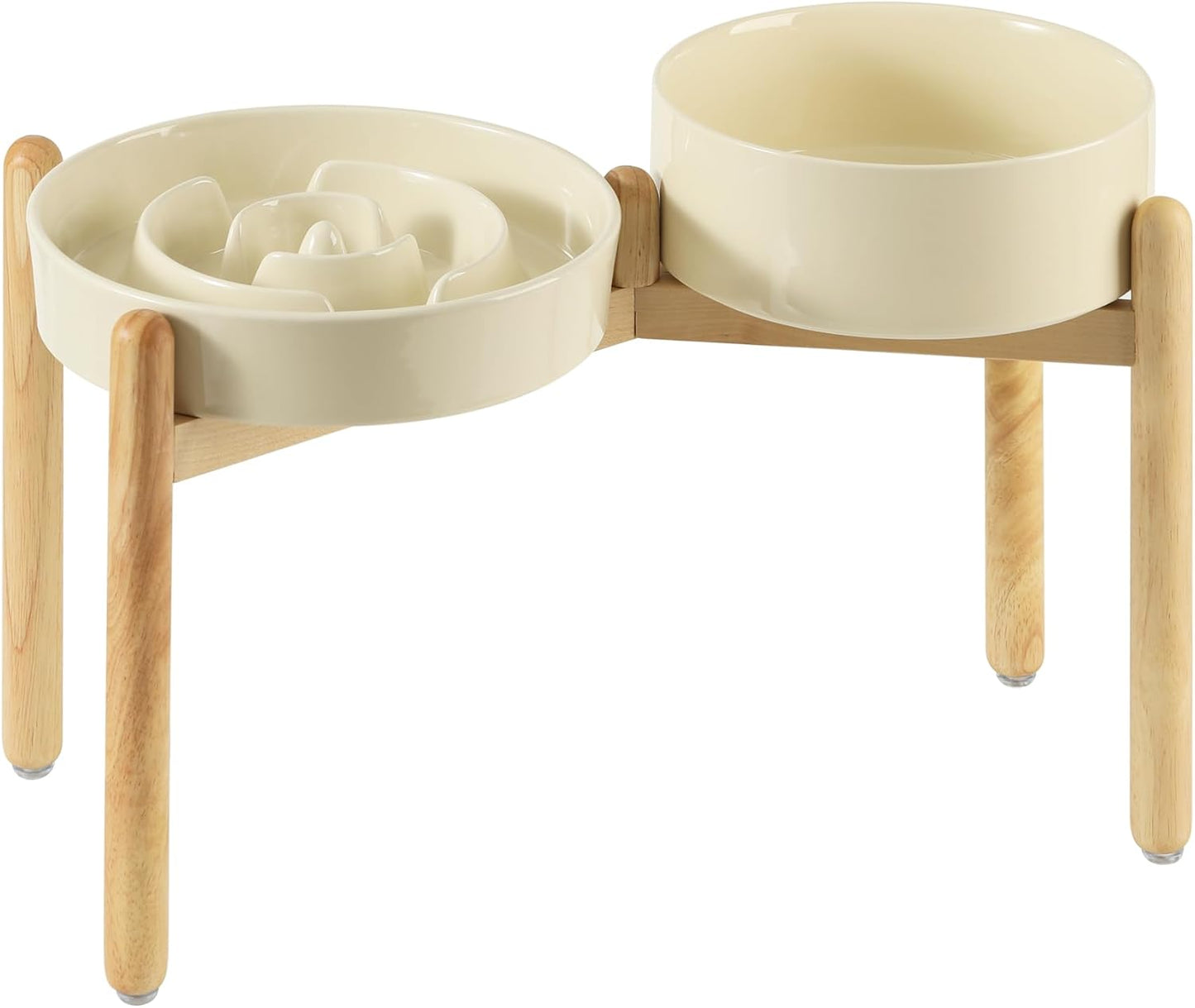 Ceramic Raised Slow Feeder Dog Bowl Set, Elevated 8.2inch Bowl and 9.5inch Puzzle Slow Food Dish with Wooden Stand for Large Dog, Anti-Gulping (2X Beige+ Stand) - Pet Explorer