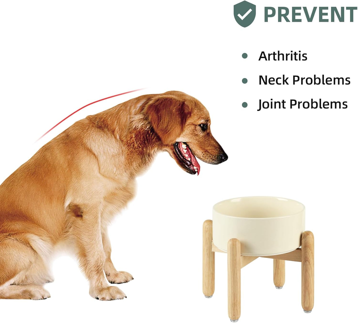 Ceramic 7.3inch Raised Dog Bowl Set, Elevated with Wooden Stand, Food and Water Bowl for Medium Breed Dogs, Weighted Dog Dishes, Pet Feeder(Beige) - Pet Explorer