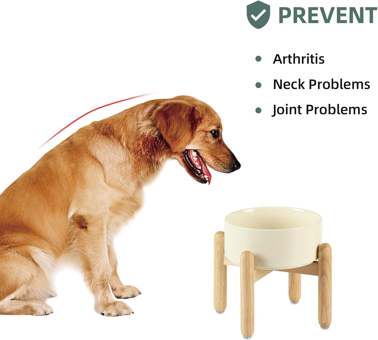 Ceramic 7.3inch Raised Dog Bowl Set, Elevated with Wooden Stand, Food and Water Bowl for Medium Breed Dogs, Weighted Dog Dishes, Pet Feeder(Beige) - Pet Explorer