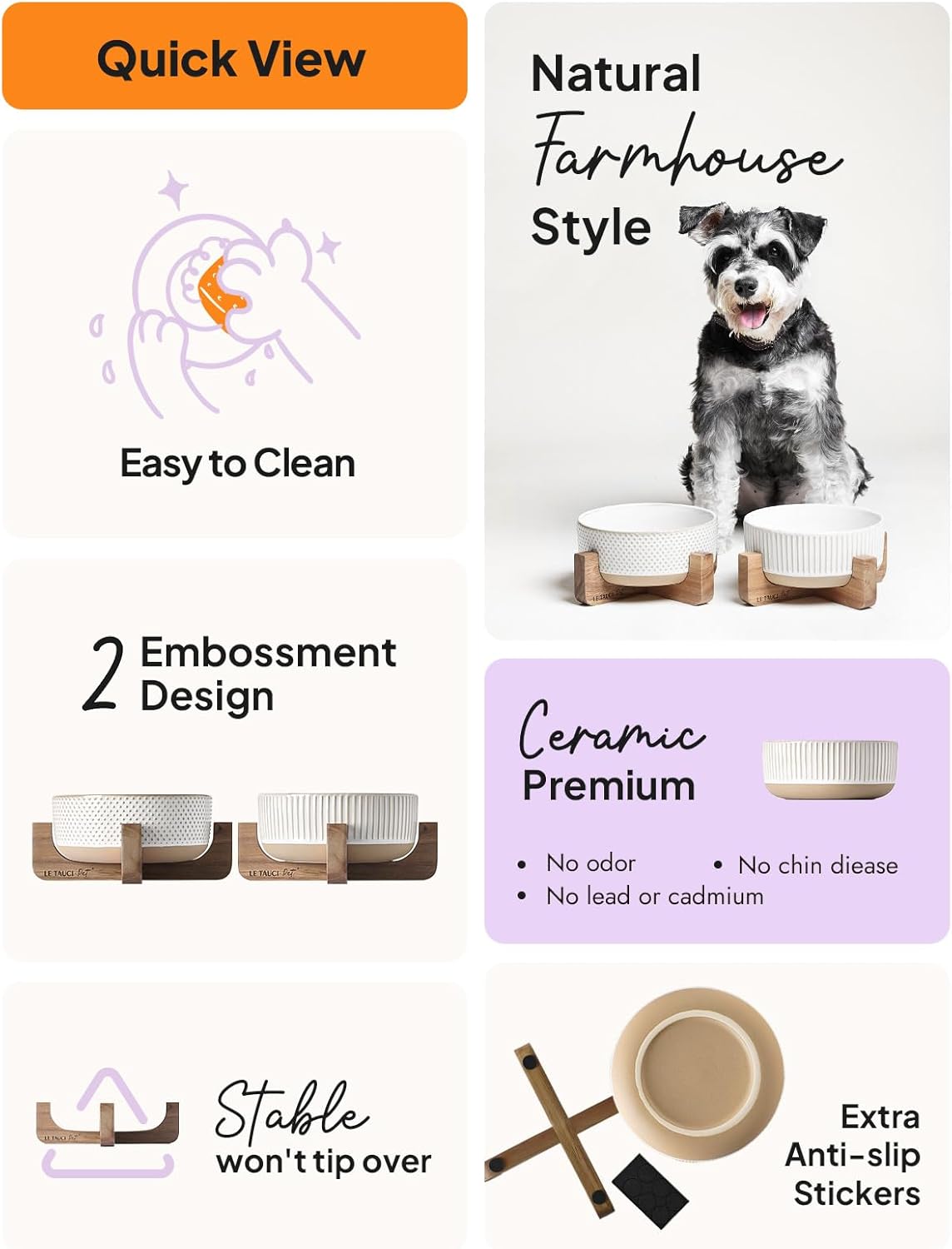 Ceramic Dog Bowls for Medium Small Dogs - 4 Cup Medium Dog Food and Water Bowls with Wood Stand, Cute Pet Dishes Set of 2, Lines+Dot - Pet Explorer