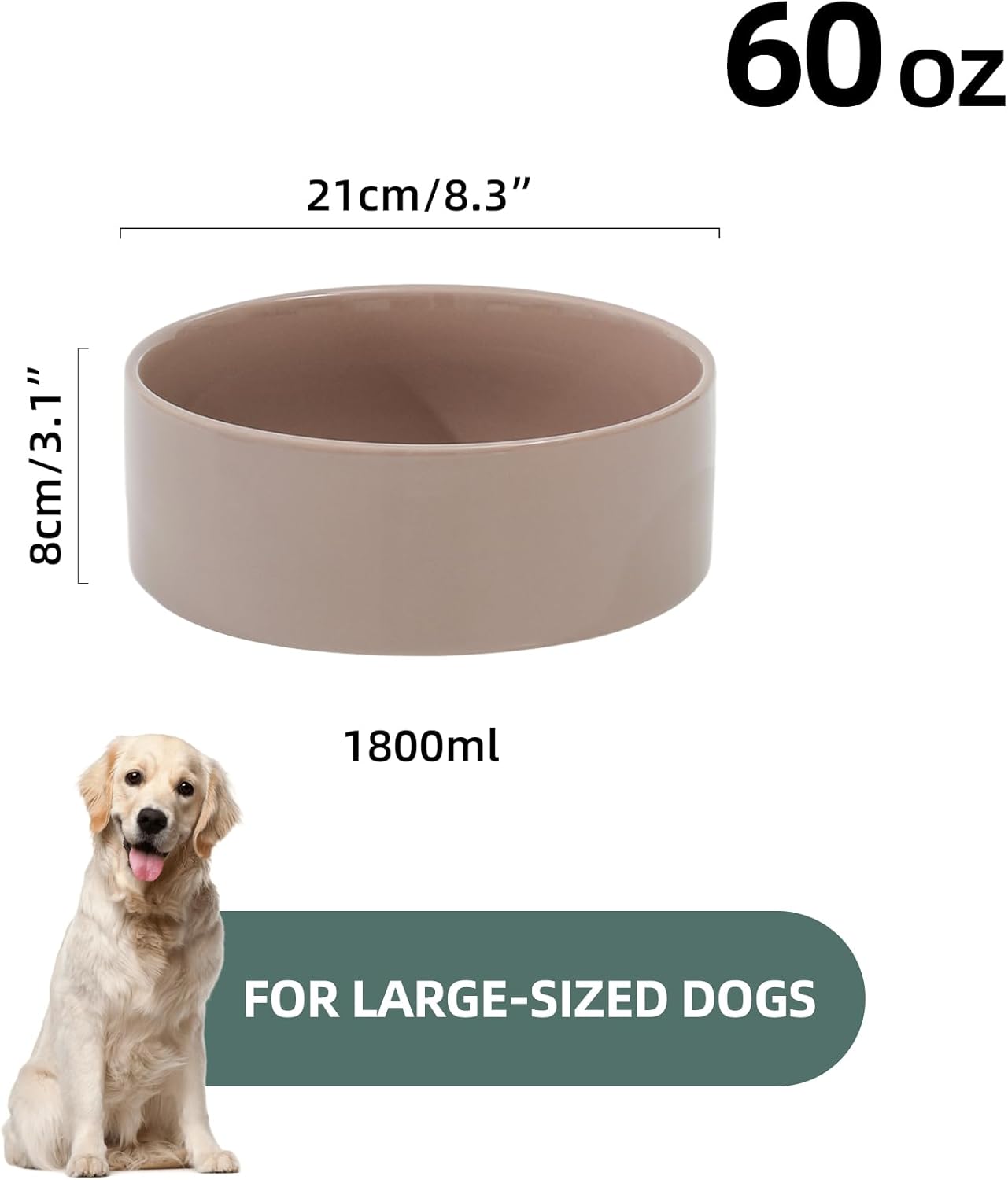 Ceramic 8.2inch Dog Bowl for Large-Breed Dogs, Anti-Slip and Weighted Pet Food and Water Bowl (Single Bowl - Brown Coffee) - Pet Explorer
