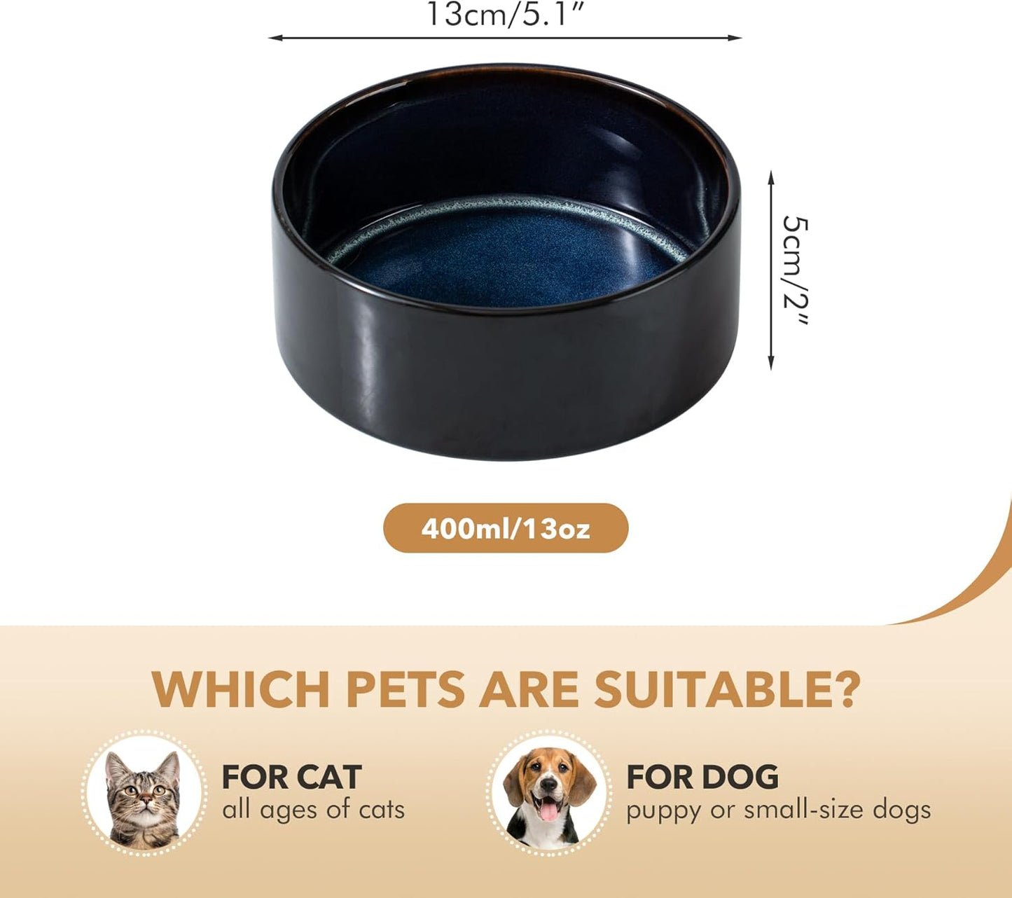 Ceramic 5.1inch Set of 2 Dog and Cat Bowls for Puppy, Kitty, Cats, 2pcs Anti-Slip Food and Water Pet Feeder(2 Bowls, Starry Sky) - Pet Explorer