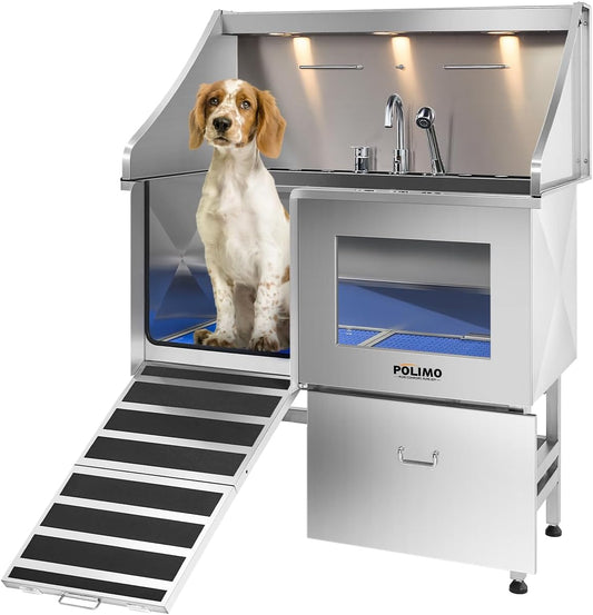 polimo Dog Washing Station, LED Professional Stainless Steel Dog Bathing Station 38", Dog Grooming Tub for Large, Medium & Small Dog - with Window, Ramp, Drawer, Floor Grate & Faucet (Left RAMP, 38") - Pet Explorer