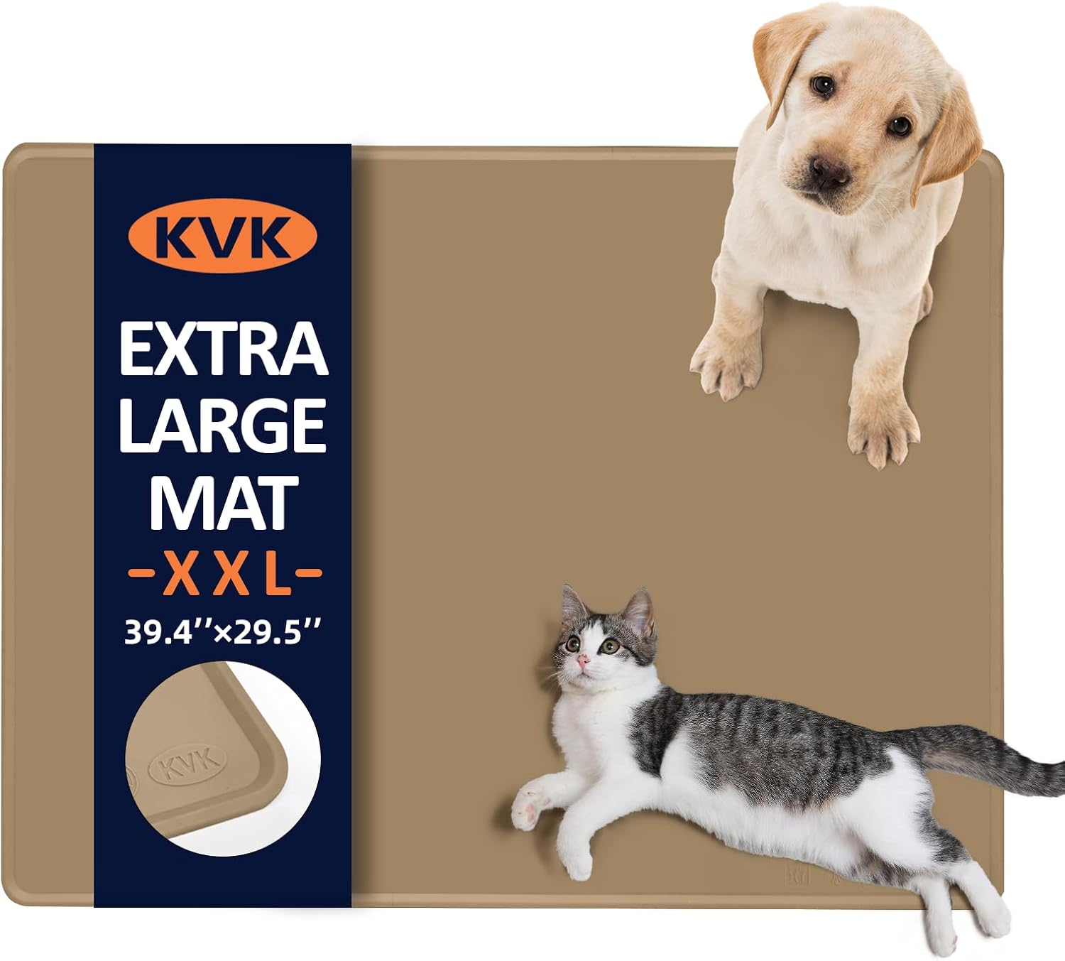 KVK Dog Food Mat, 39.4×29.5in Extra Large Silicone Pet Feeding Mat - Waterproof, Non - Slip, Chew - Resistant for Food & Water, Protect Floors (Brown) - Pet Explorer