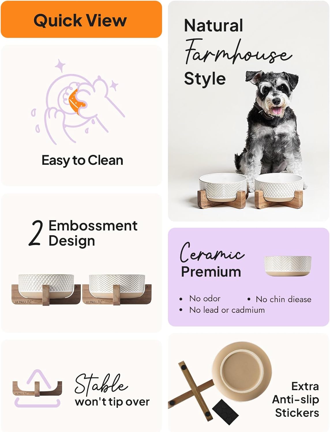 Ceramic Dog Bowl Set, 4 Cups Food and Water Bowl for Medium Small Dogs, Cute Pet Dishes with Wood Stand, Rhombus+Wave Design (Set of 2) - Pet Explorer
