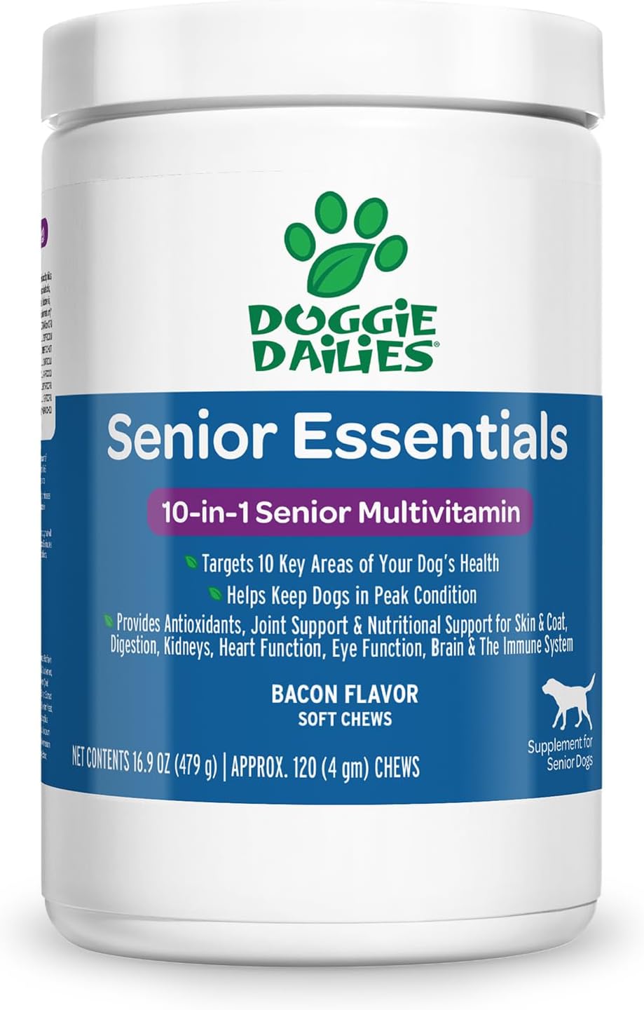 Doggie Dailies Senior Essentials Multivitamin for Dogs Soft Chews | Advanced Dog Multivitamin | Nutritional Support for Joints, Skin & Coat, Digestion, and the Immune System | Bacon Flavor | 120 Count - Pet Explorer
