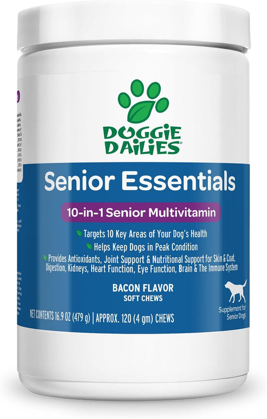 Doggie Dailies Senior Essentials Multivitamin for Dogs Soft Chews | Advanced Dog Multivitamin | Nutritional Support for Joints, Skin & Coat, Digestion, and the Immune System | Bacon Flavor | 120 Count - Pet Explorer