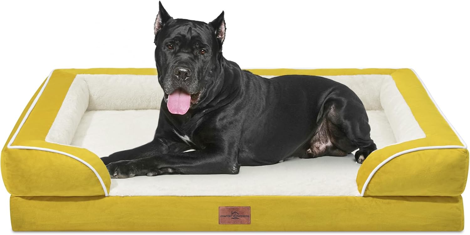 Comfort Expression XXL Dog Bed Orthopedic Foam, Waterproof Dog Beds for Oversized Dogs, Washable Dogs Sofa Bed with Removable Cover & Non-Slip Bottom(XX-Large,Spicy Mustard) - Pet Explorer
