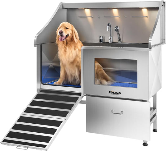 polimo Dog Washing Station, LED Professional Stainless Steel Dog Bathing Station 50", Dog Grooming Tub for Large, Medium & Small Dog - with Window, Ramp, Drawer, Floor Grate & Faucet (Left RAMP, 50") - Pet Explorer