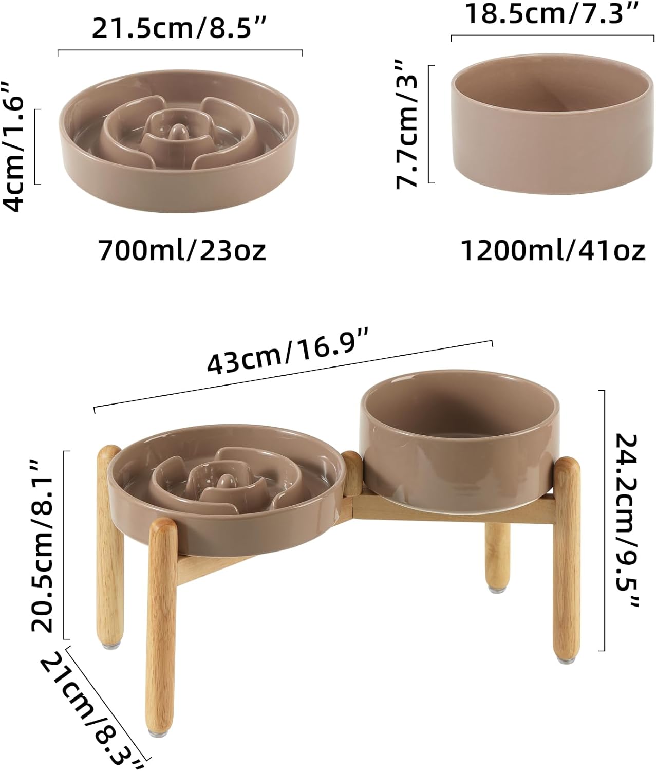 Ceramic Raised Slow Feeder Dog Bowl Set, Elevated 7.3inch Bowl and 8.2inch Puzzle Slow Dish with Wooden Stand for Medium and Large Dog, Anti-Gulping (2X Brown Coffee+ Stand) - Pet Explorer