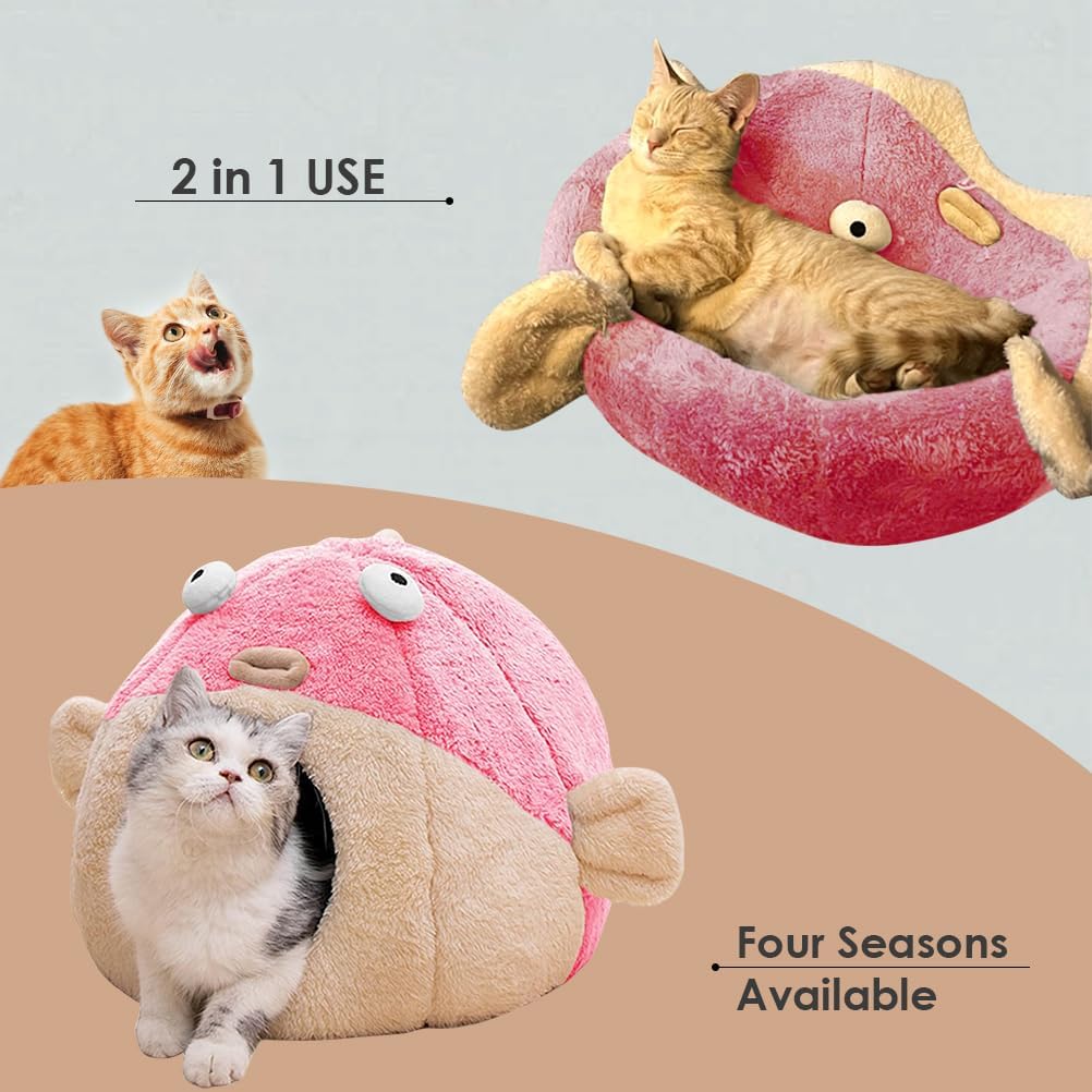 Cat Beds for Indoor Cats - Cat Bed Cave with Removable Washable Cushioned Pillow, Soft Plush Premium Cotton No Deformation Pet Bed, Lively Pufferfish Cat House Design, Pink, Multiple Sizes(M) - Pet Explorer
